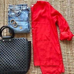 Red high-low button up blouse